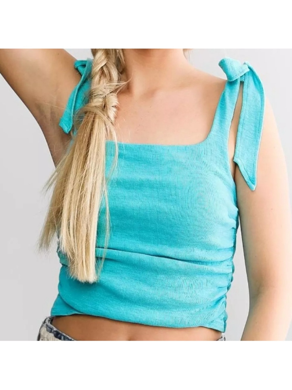 Free People Boulevard Ruched Tie Shoulder Tank Top Aqua XS